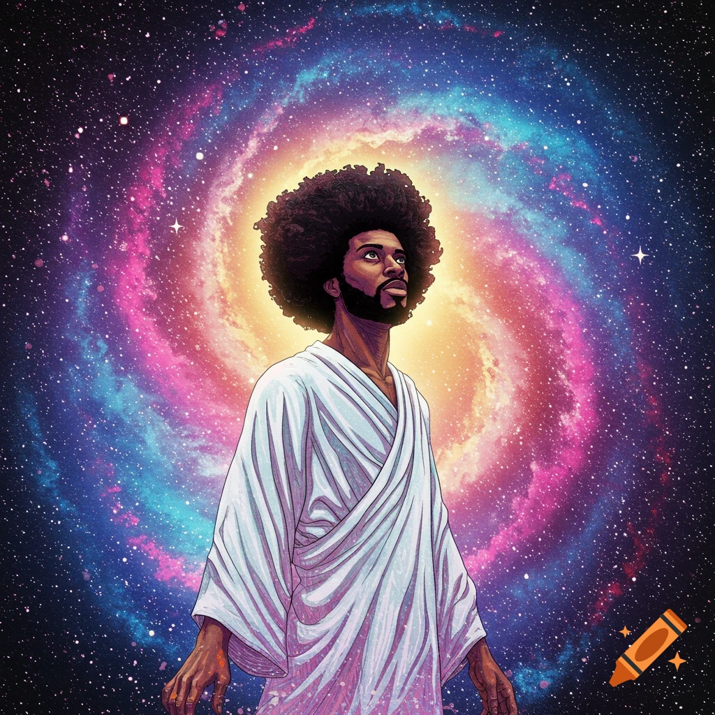 Afro man in a white robe looking up at a colorful galaxy nebula.