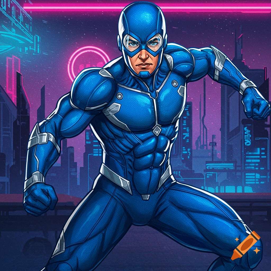 A blue-suited superhero poses in a futuristic city.