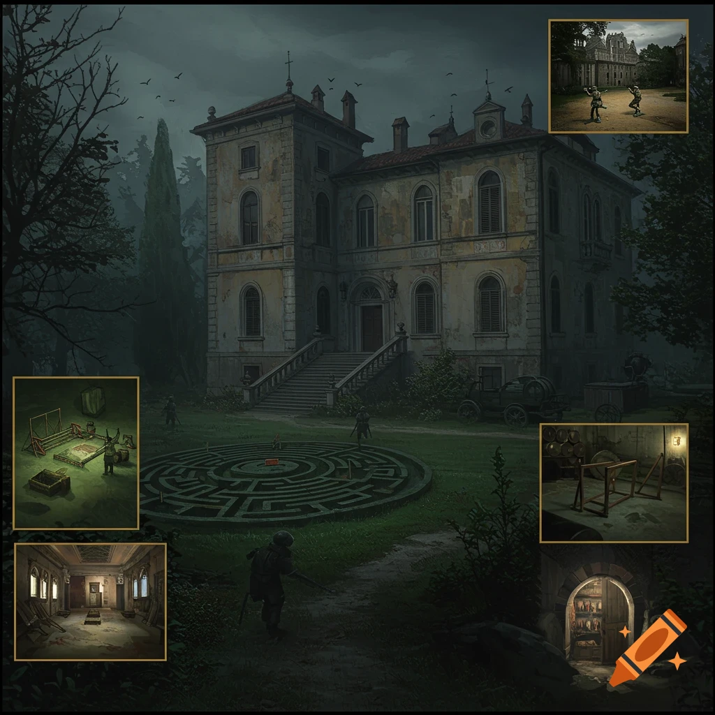 A large old Italian mansion with a dark atmosphere, a maze, and inset scenes.