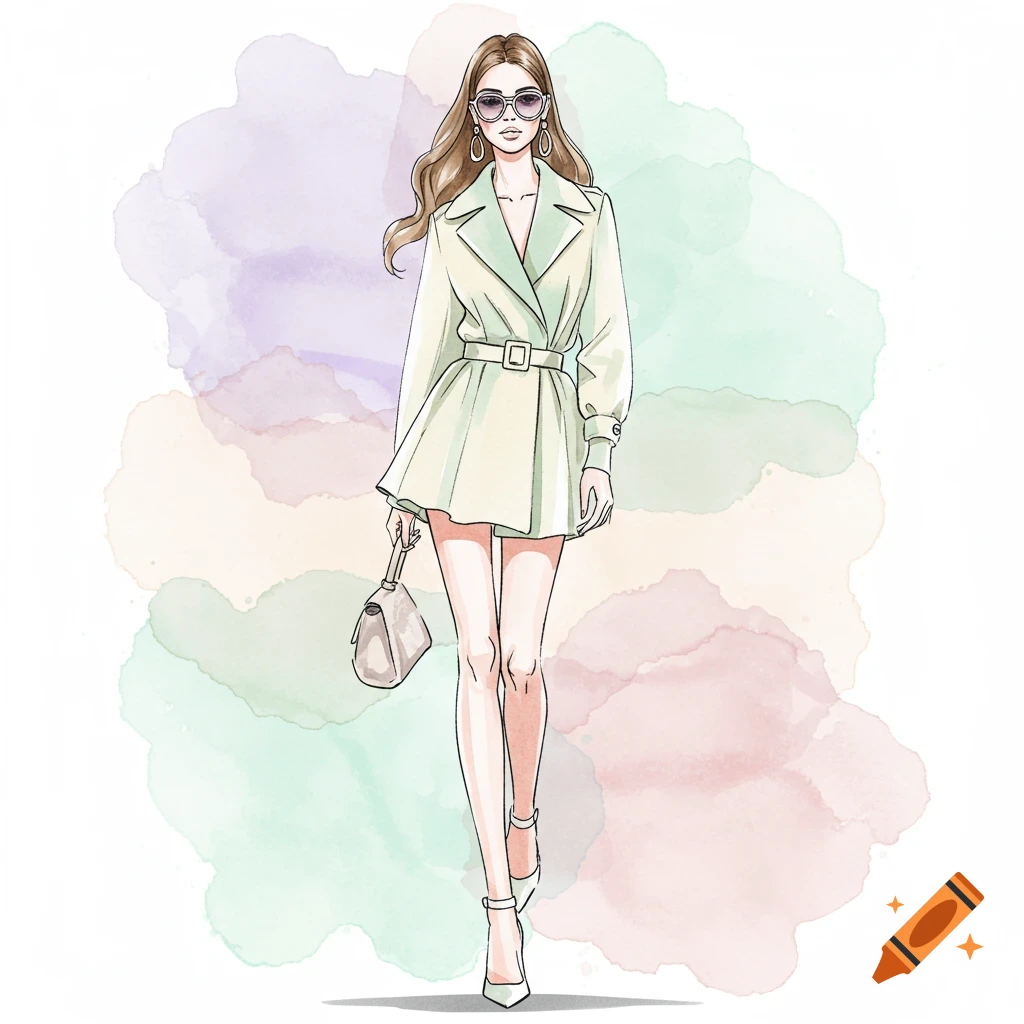 Fashion illustration of a woman in a dress coat with a handbag, watercolor style.