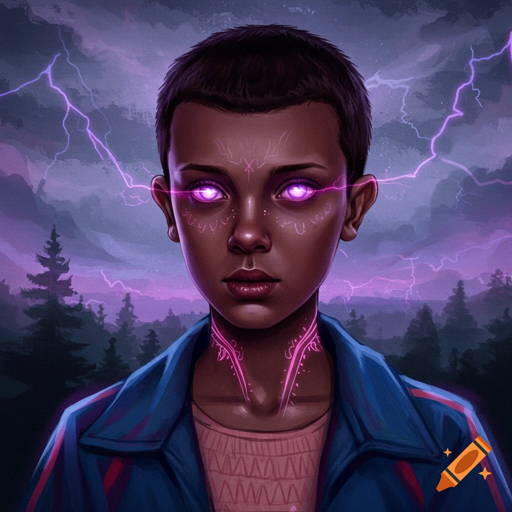 A person with glowing purple eyes and lightning is in a forest.