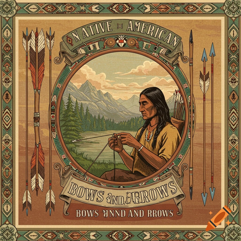 Vintage poster illustration of a Native American man making a bow and arrow, surrounded by arrows, with mountains and a lake in the background.