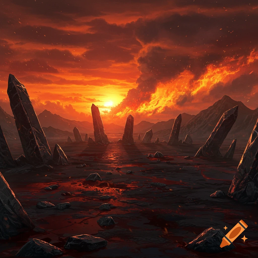 A dark, rocky landscape with large standing stones and pools of blood under a fiery orange and red sunset sky.