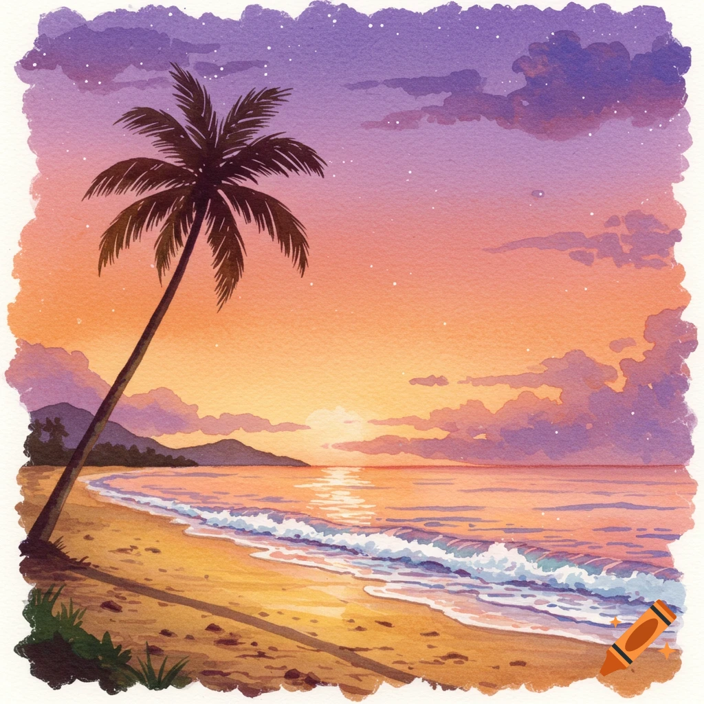 Watercolor painting of a palm tree on a beach at sunset