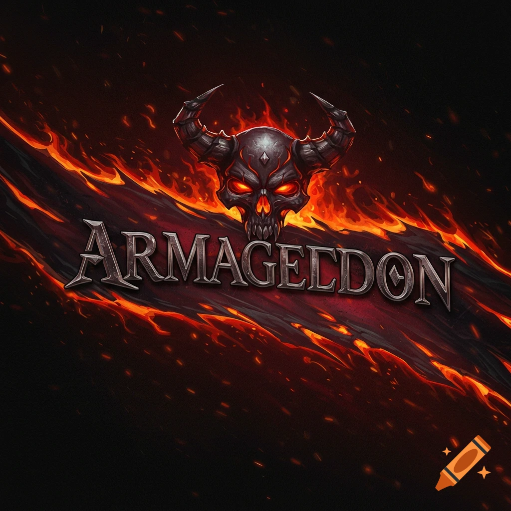 A horned skull above the word ARMAGEDDON surrounded by fire