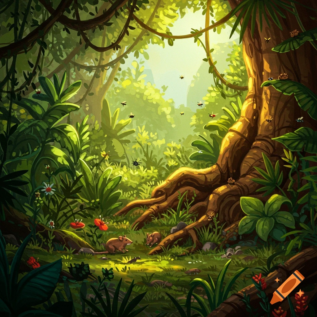 A lush jungle scene with a large tree, rodents, insects, and sunlight.