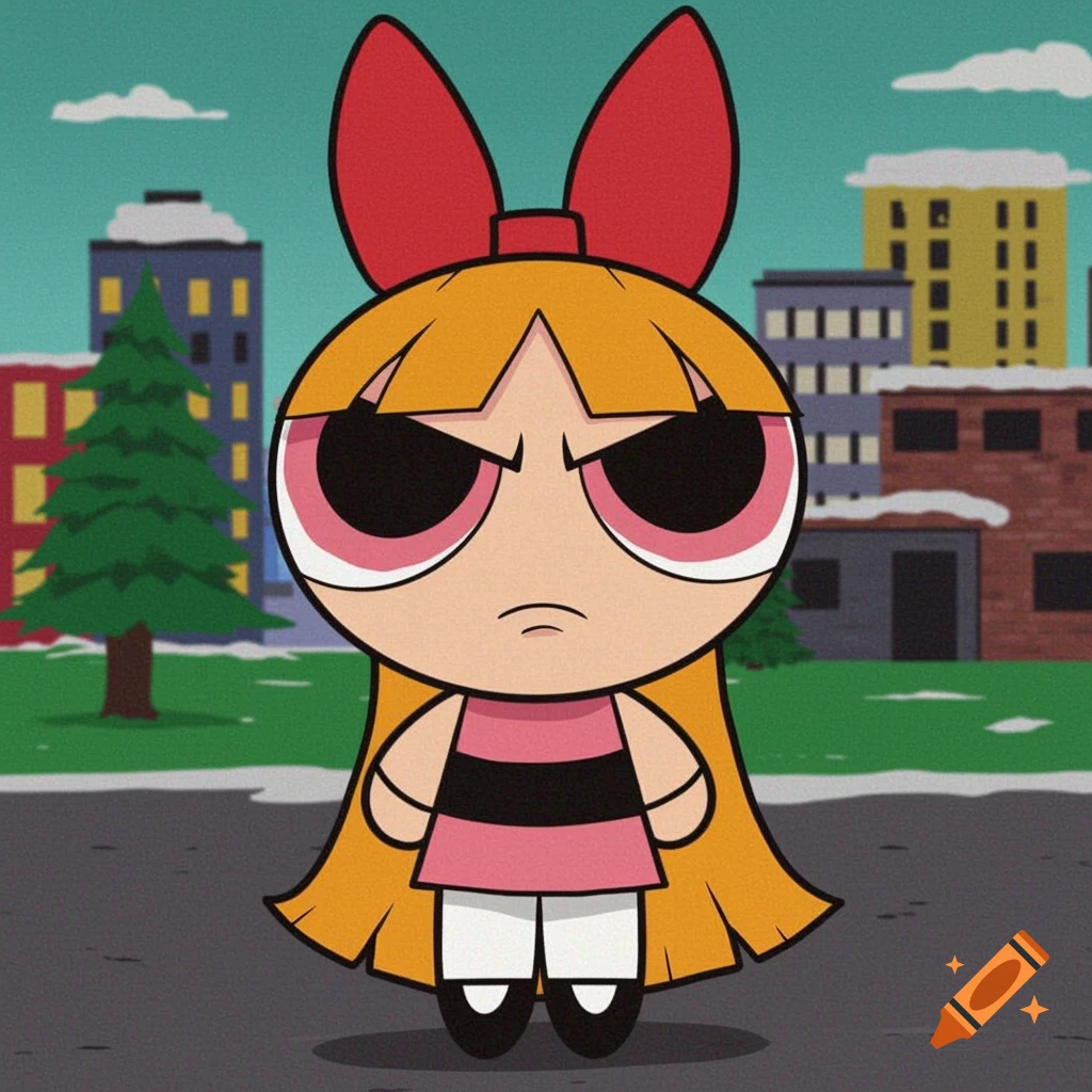 Blossom from Powerpuff Girls in South Park style stands in a city scene.