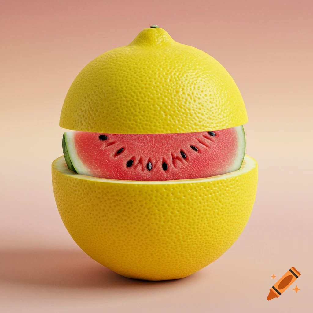 A lemon split open reveals a slice of watermelon inside, like a hybrid fruit.
