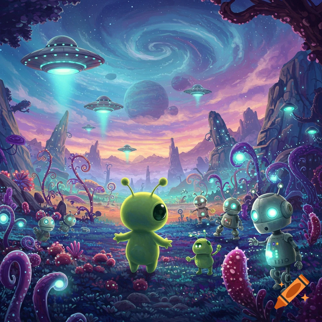 Cute green aliens and robots explore an alien planet with flying saucers in a colorful scene.