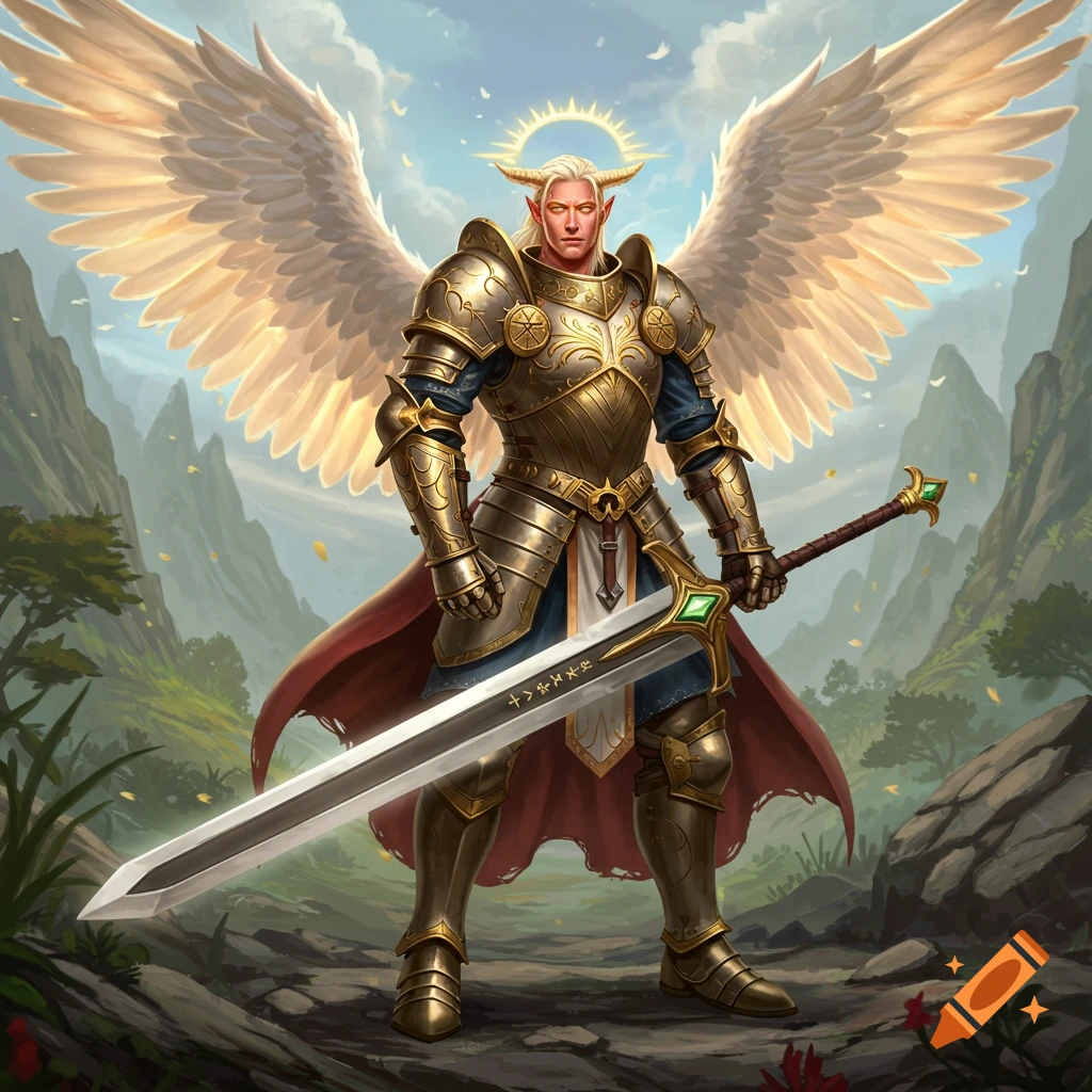 Aasimar in golden armor with large angel wings, holding a great sword, standing in a mountain landscape.