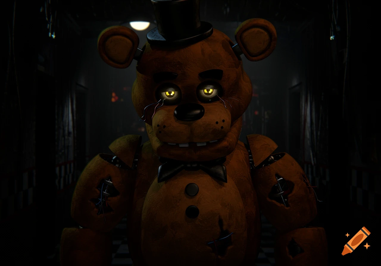 A worn animatronic bear with glowing yellow eyes and a top hat stands in a dark hallway