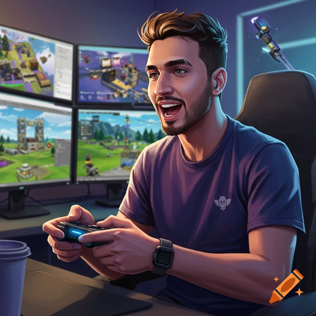 An image of a man playing video games on multiple monitors.