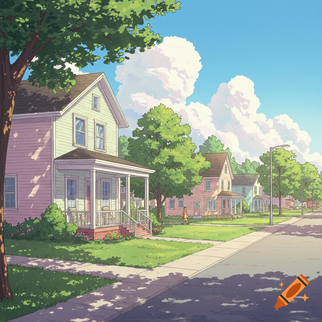 Illustration of a sunny suburban street with colorful houses, trees, sidewalk, and a person walking in the distance.