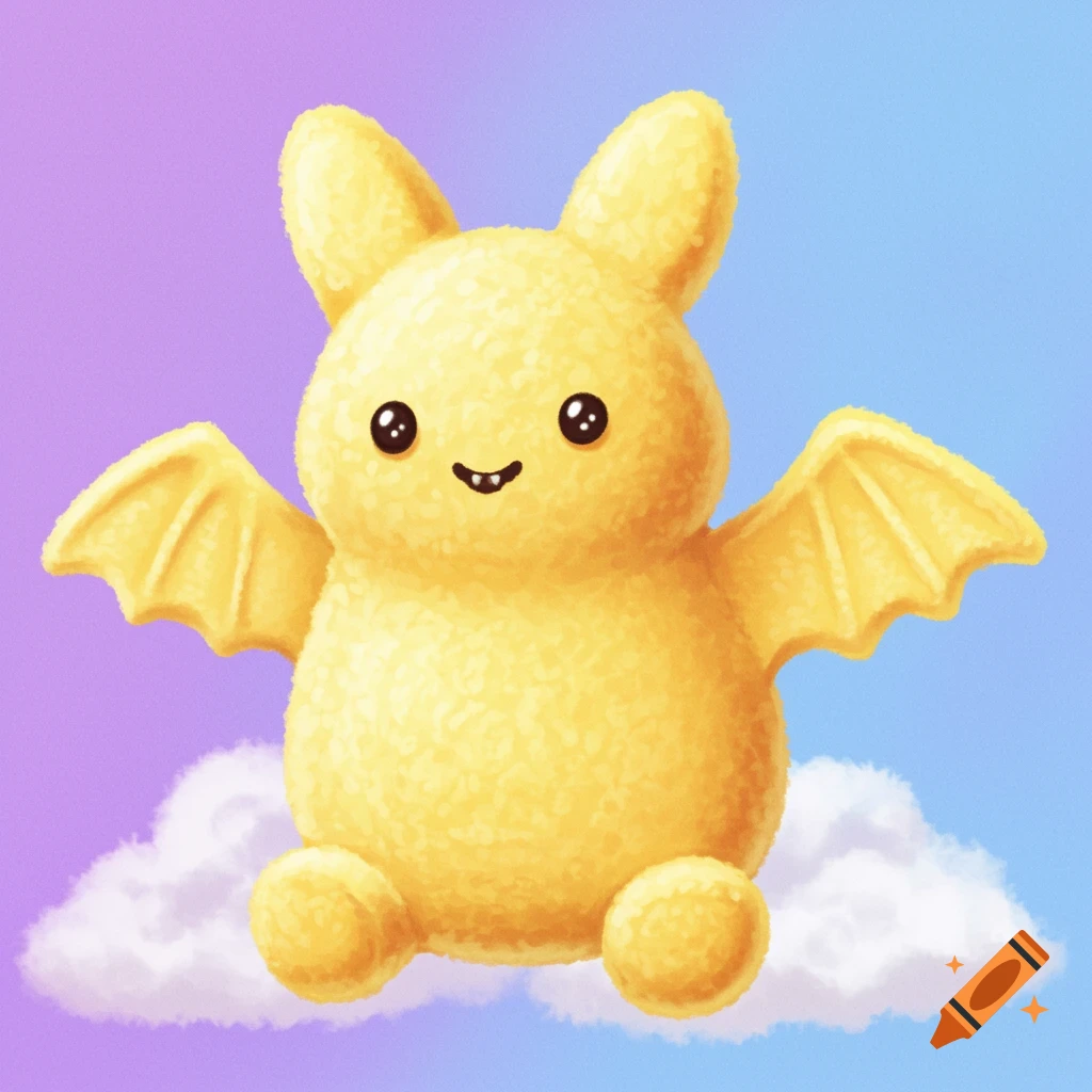 Cute yellow plush bat toy sits on a cloud against a pastel purple and blue sky.