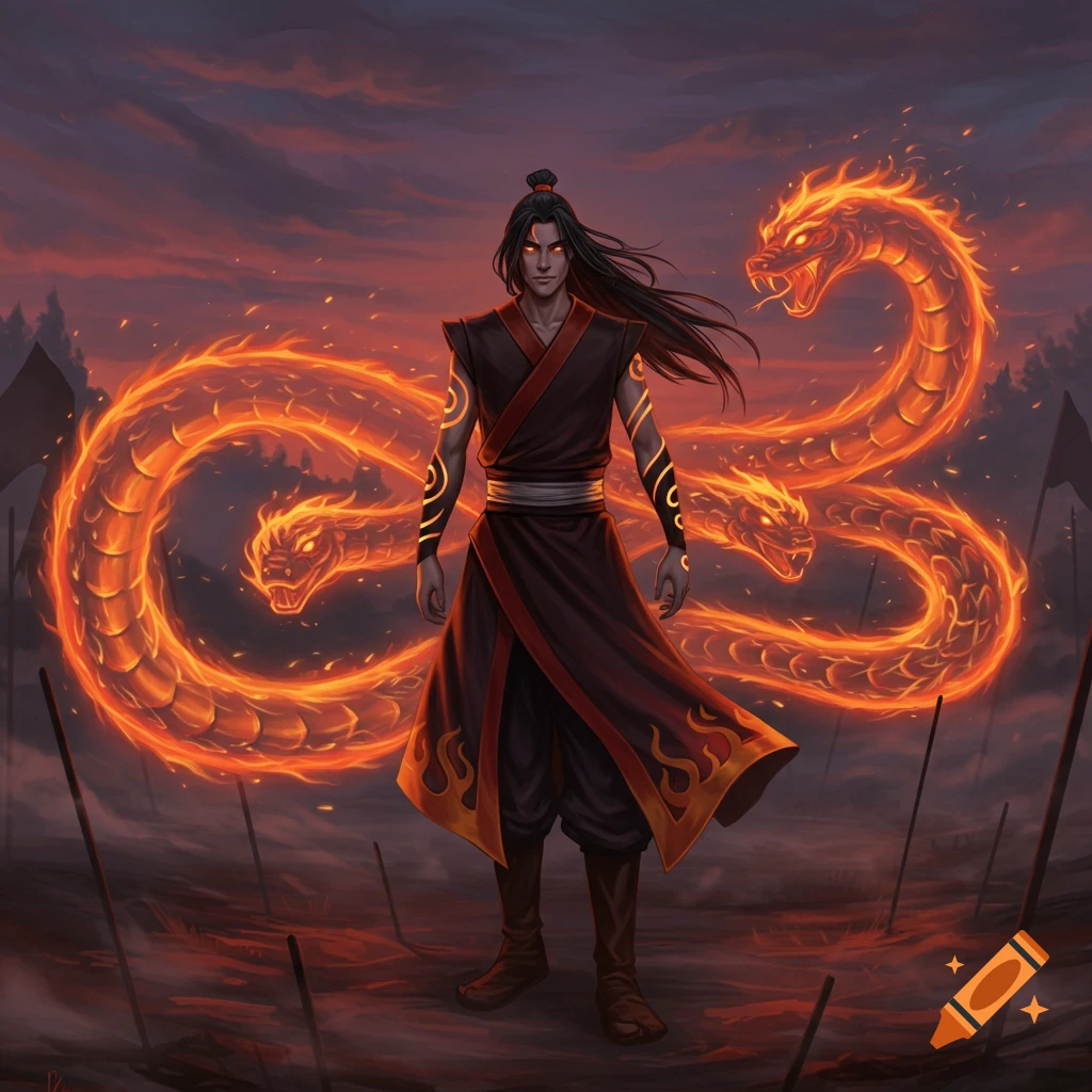 A man with glowing eyes and fire serpents stands on a battlefield at twilight.