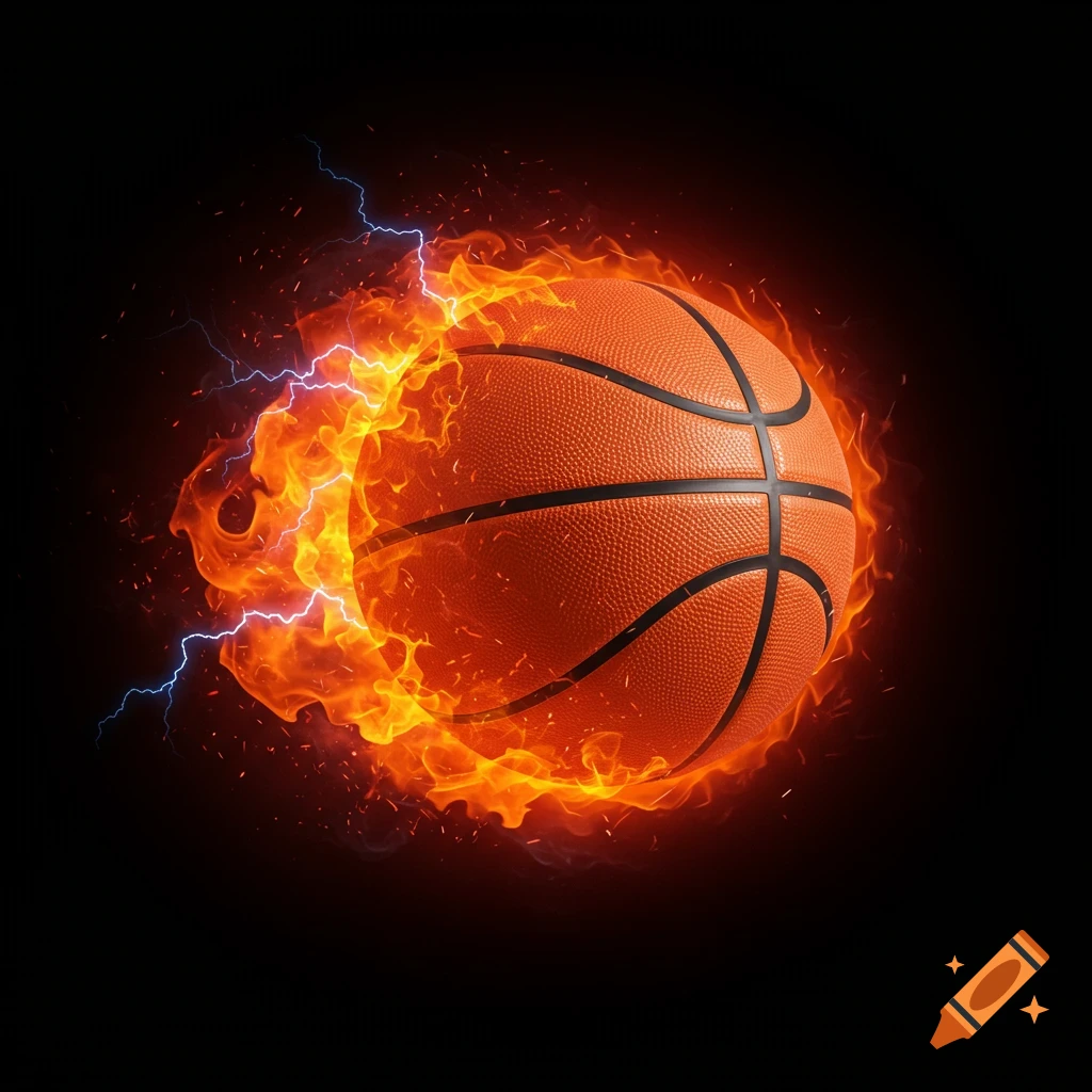 A basketball is engulfed in fire and lightning against a black background.