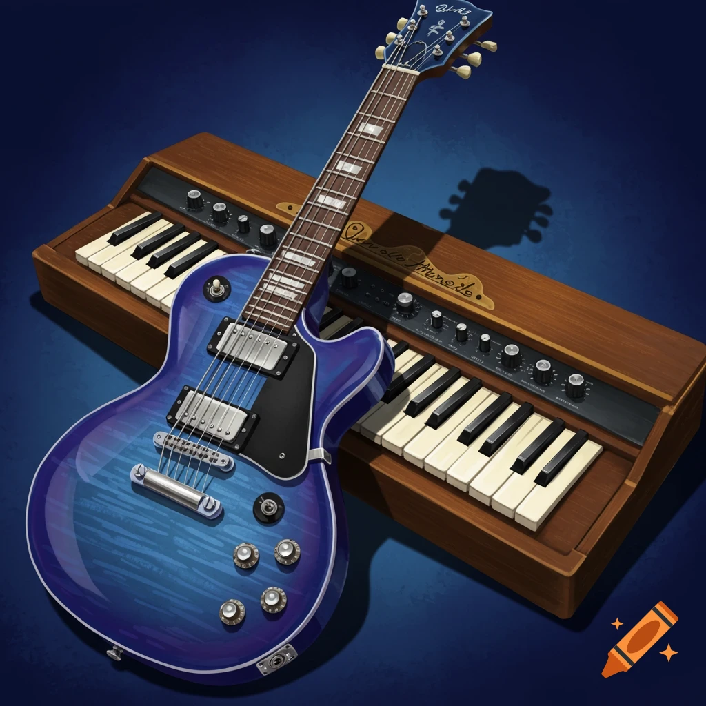 A blue electric guitar leans on a vintage keyboard.