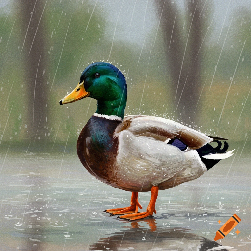 A mallard duck stands in the rain, reflecting in water.
