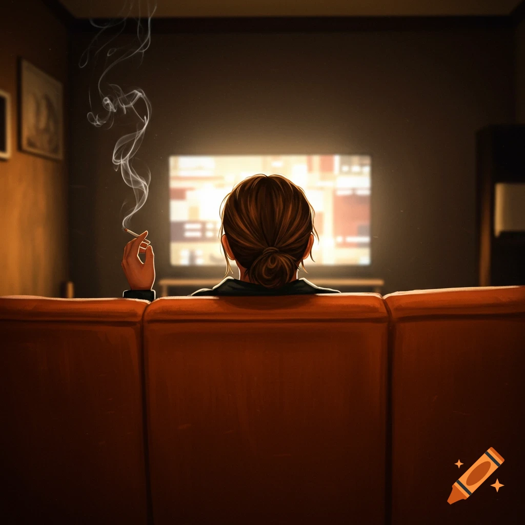 A person watching TV and smoking on a couch, viewed from behind.