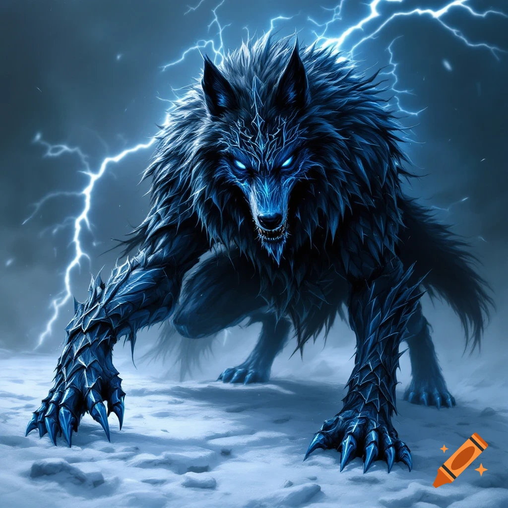 A powerful wolf-like creature with glowing blue eyes and ice armor stands in a snowstorm with lightning.