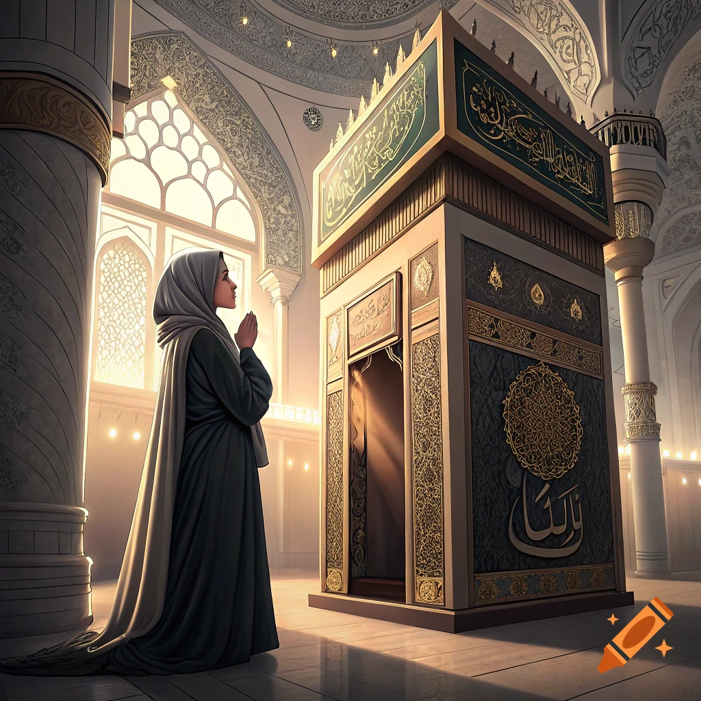 A woman praying in a grand mosque next to the Kaaba.