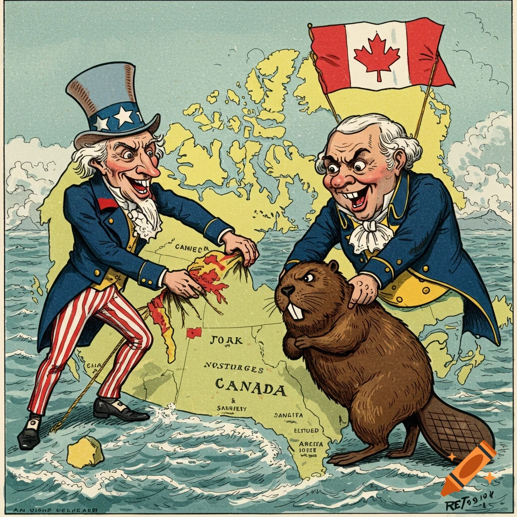 Vintage political cartoon of Uncle Sam and a figure representing Britain pulling on a beaver representing Canada over a map.