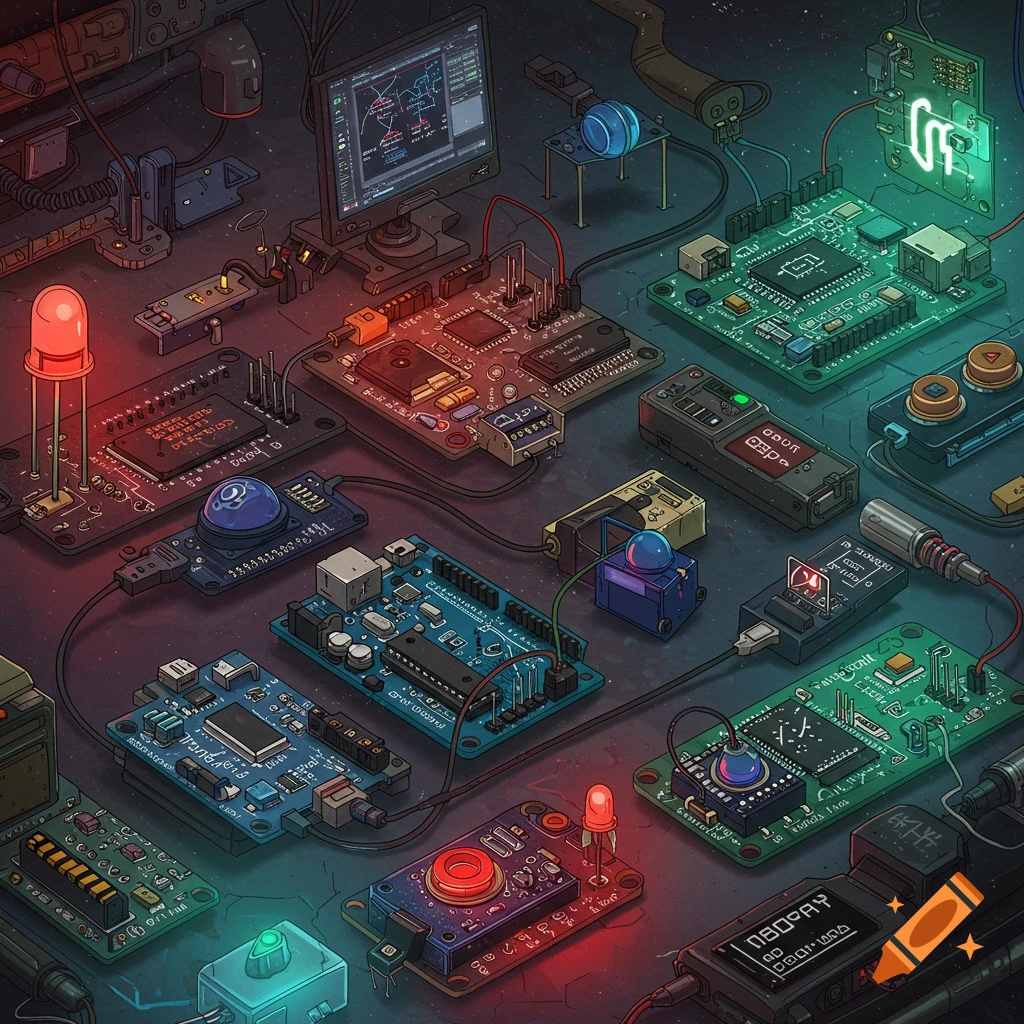 A detailed image of various electronic components and circuit boards on a dark surface.
