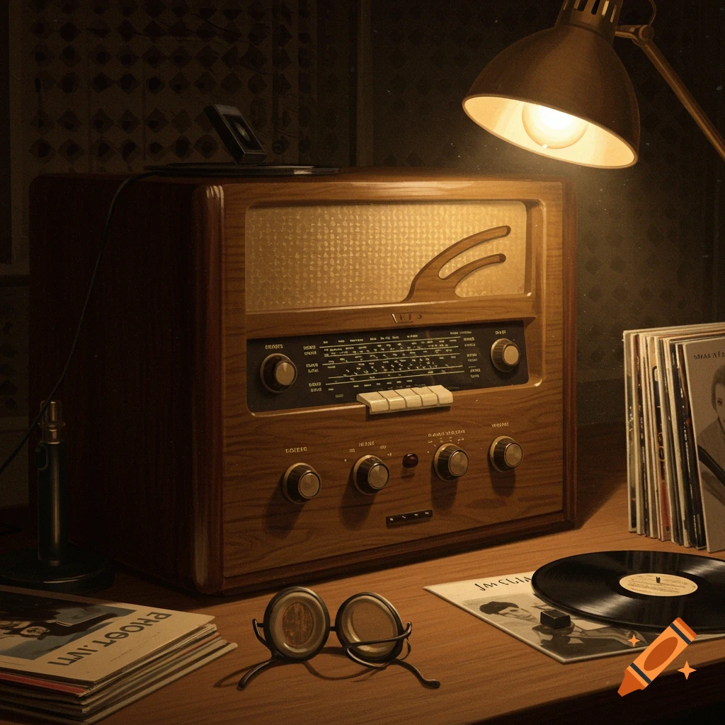 A vintage wooden radio sits on a desk with records, glasses, and a lamp.