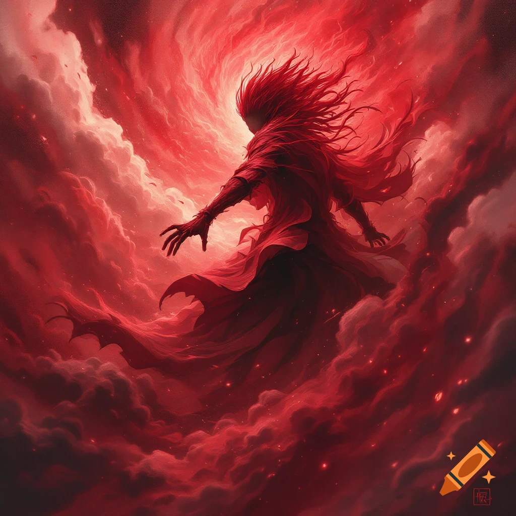 A figure with flowing red hair and robes reaches out amidst swirling red clouds and light, digital art.