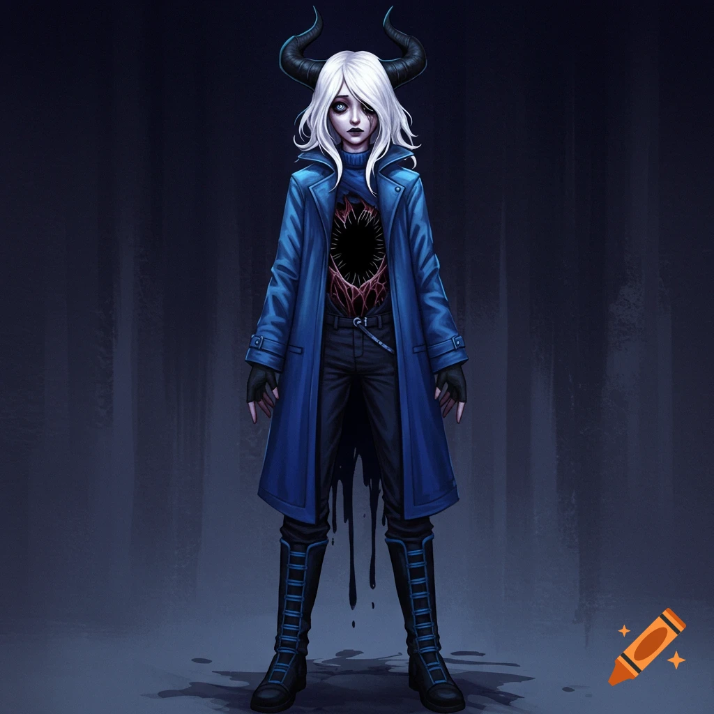 Fantasy character with horns, white hair, blue coat, and chest wound standing in a dark forest, digital art.