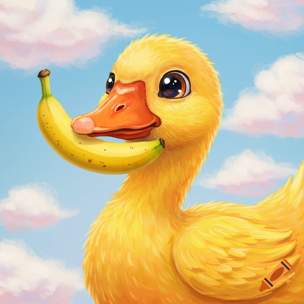 A yellow duckling holding a banana in its beak against a cloudy blue sky.