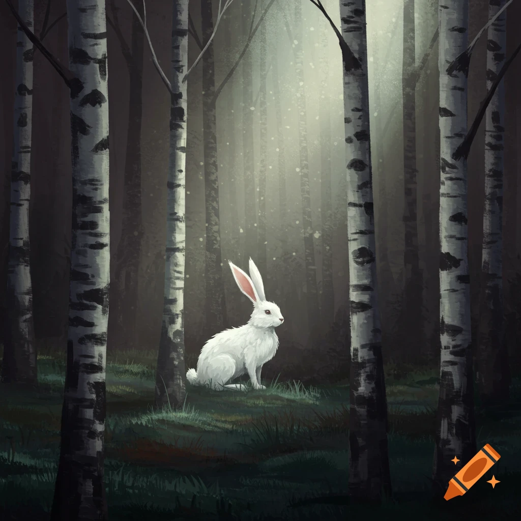 A snow-white rabbit sits in a shadowy birch forest.