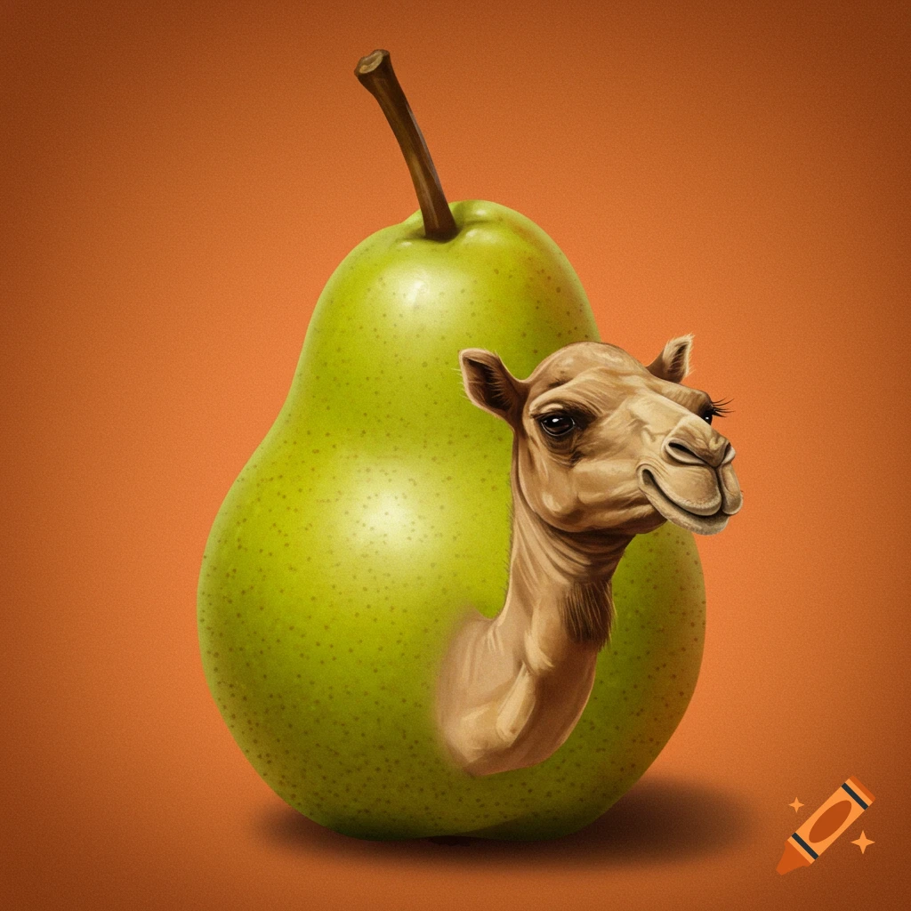 A surreal green pear with a camel head sticking out, against an orange background.