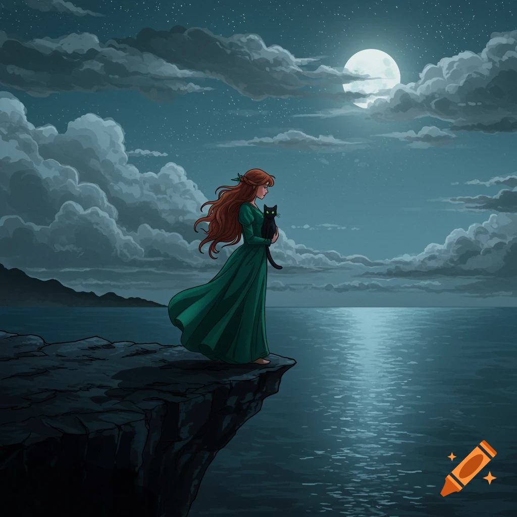 A woman in a green dress is holding a black cat on a cliff edge at night under a full moon.