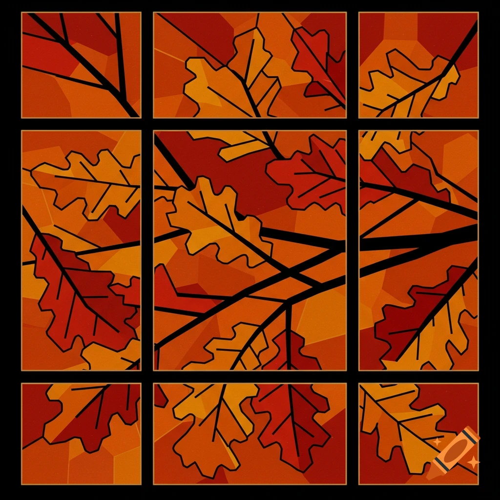 Geometric pattern of abstract oak leaves in red and orange, resembling stained glass.