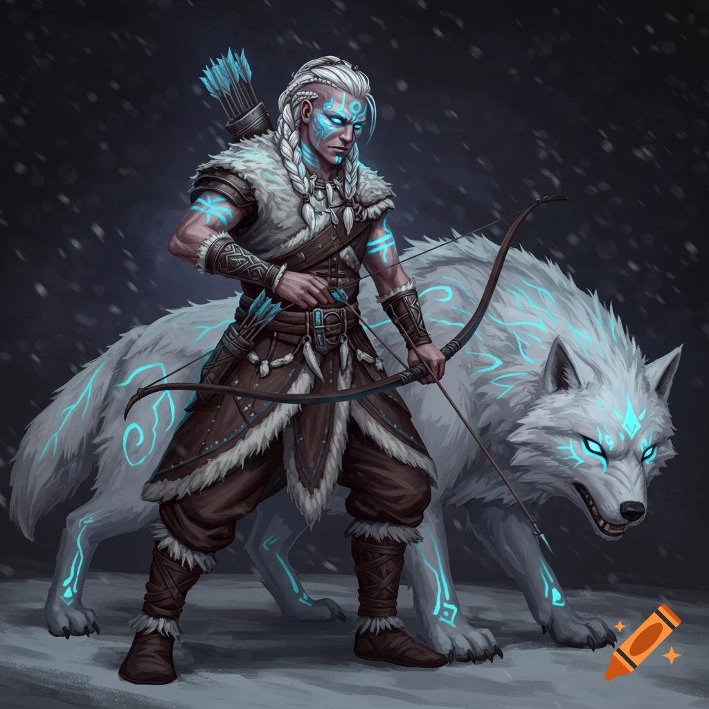 A pale male fantasy ranger with glowing blue tattoos and a bow stands beside a white wolf with glowing tattoos in a snowy dark-fantasy scene.