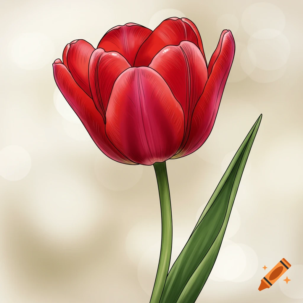 A close-up of a vibrant red tulip with green leaves against a soft, blurred background.