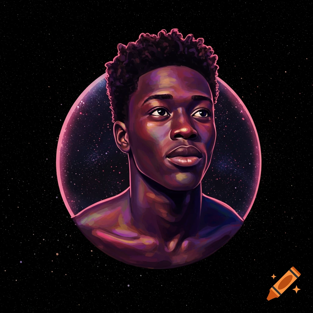 A Black man's portrait is shown within a sphere against a starry background.