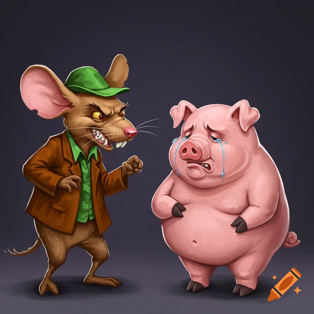 Cartoon illustration of an angry mouse yelling at a crying pig.