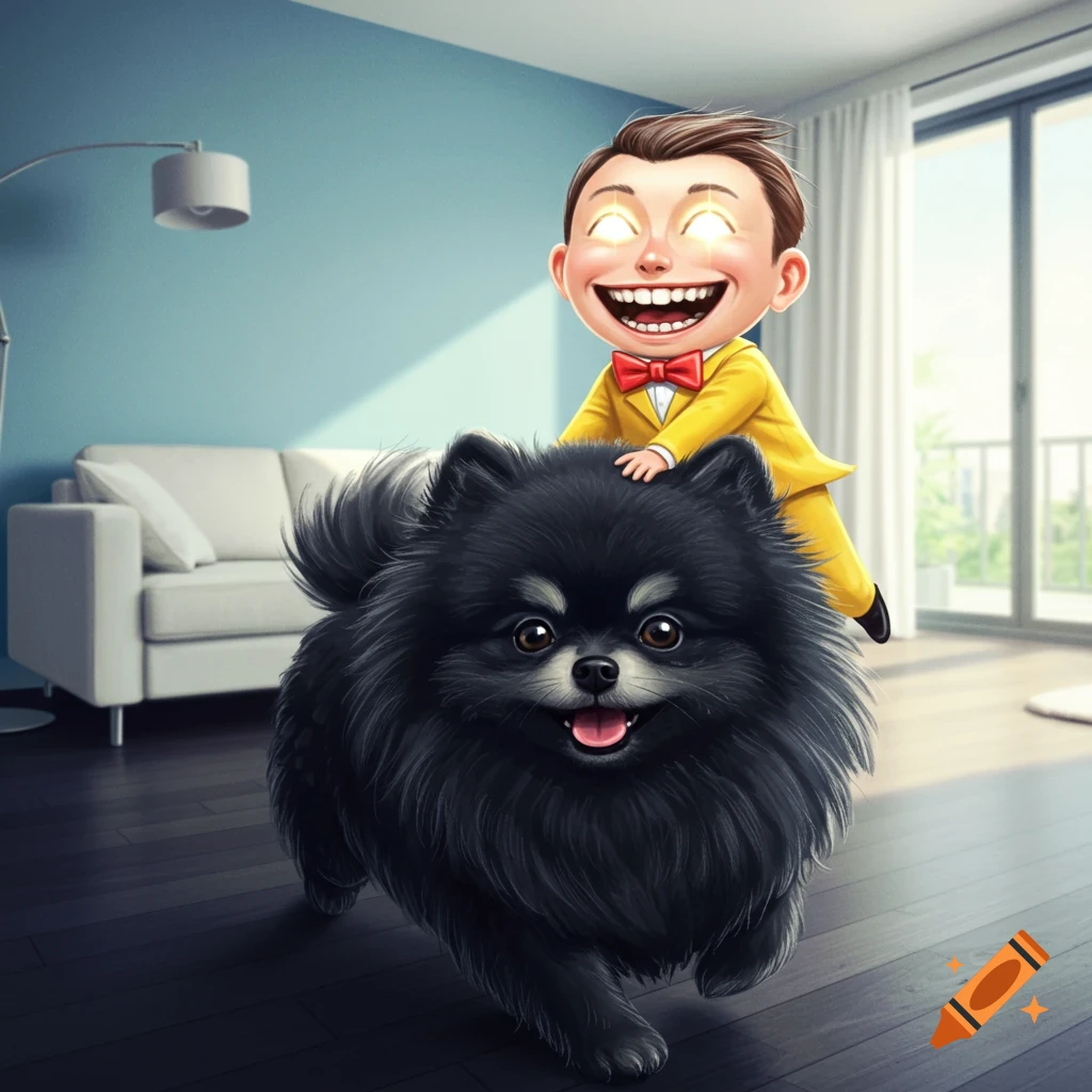 Tiny caricature man with glowing eyes rides a black Pomeranian through a living room. Illustration style.