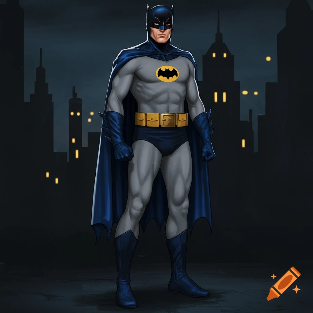 Batman in his 1966 suit stands against a dark city skyline.