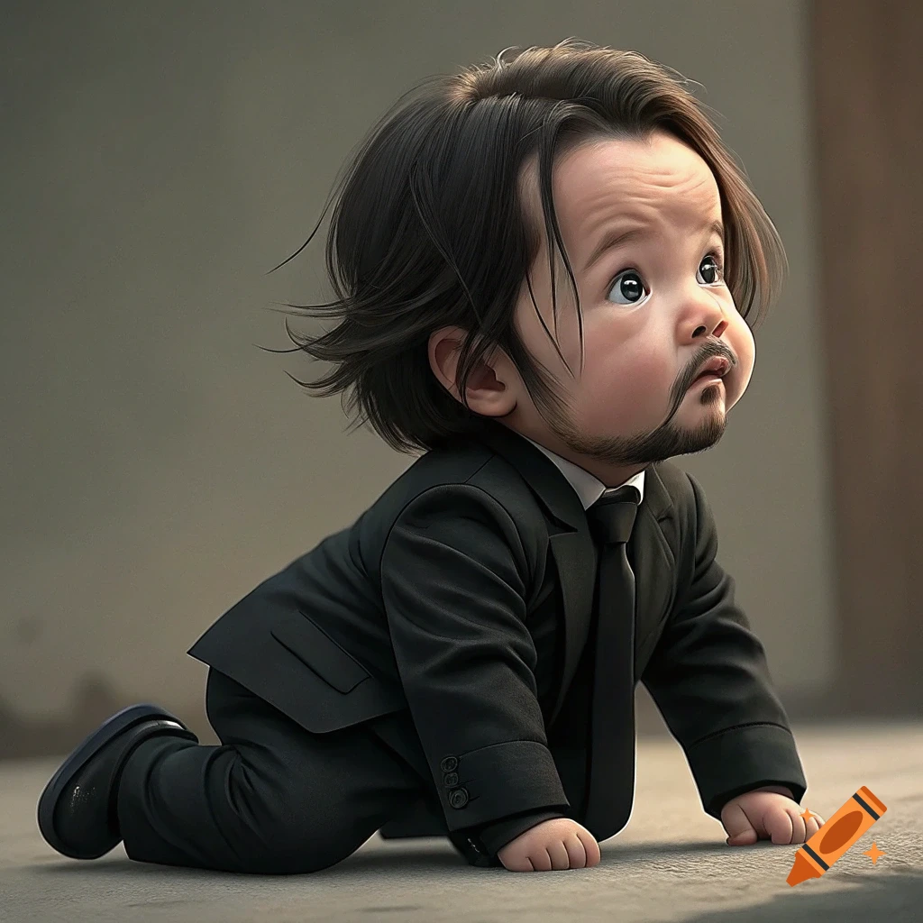 A baby dressed as John Wick in a suit crawls on the ground.