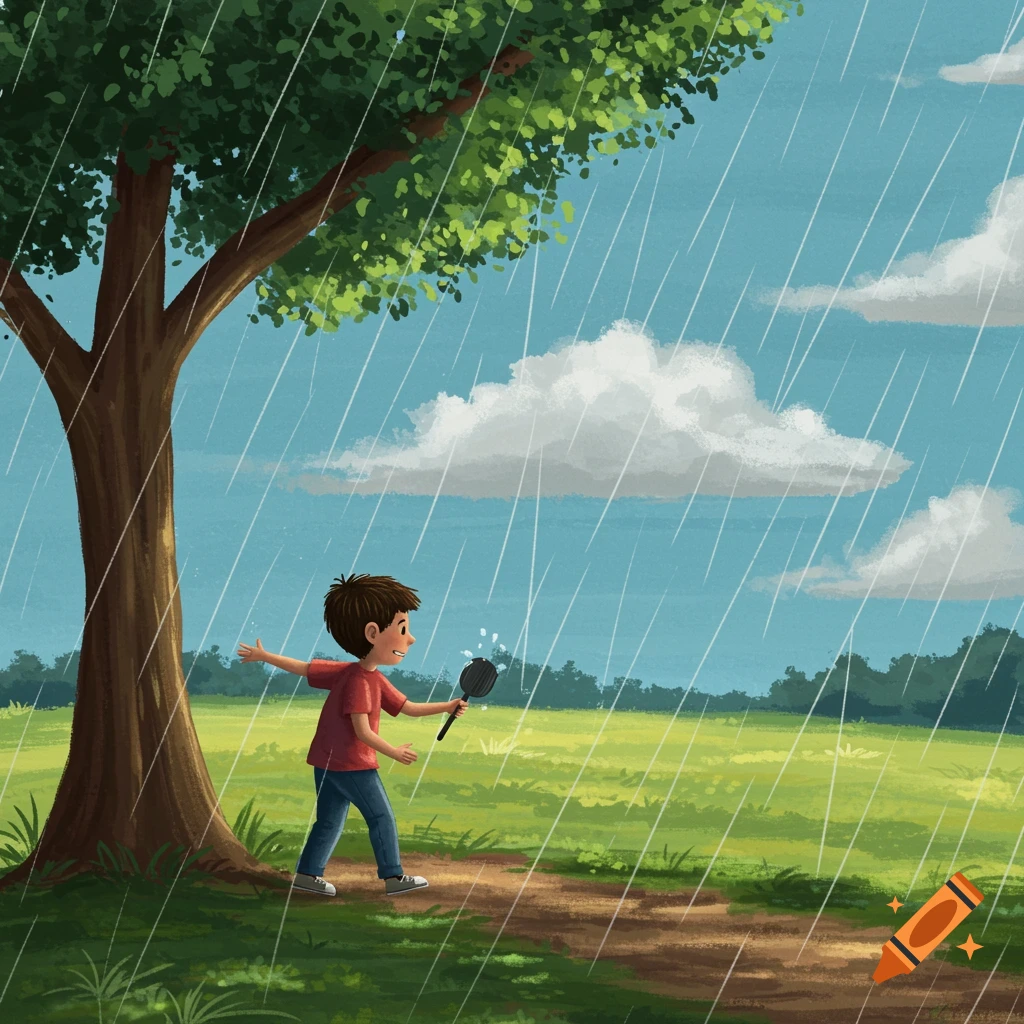 An illustration of a boy playing in the rain under a large tree in a field.