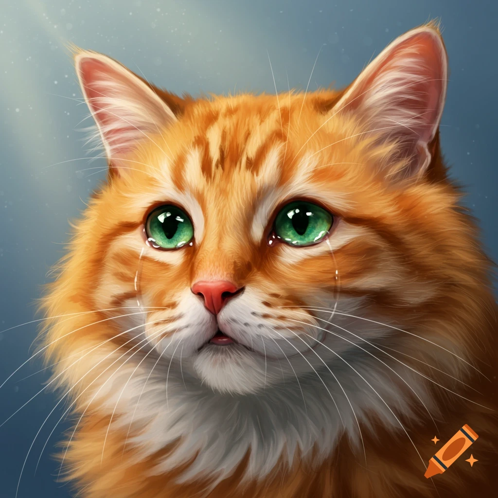 Close-up of a crying orange cat with green eyes.
