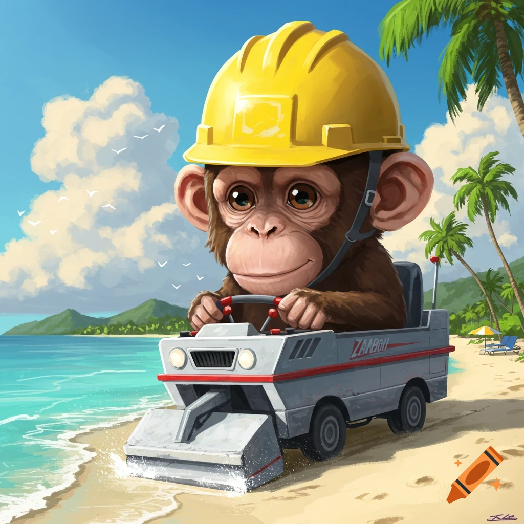 A cartoon monkey in a hard hat drives a vehicle on a beach.