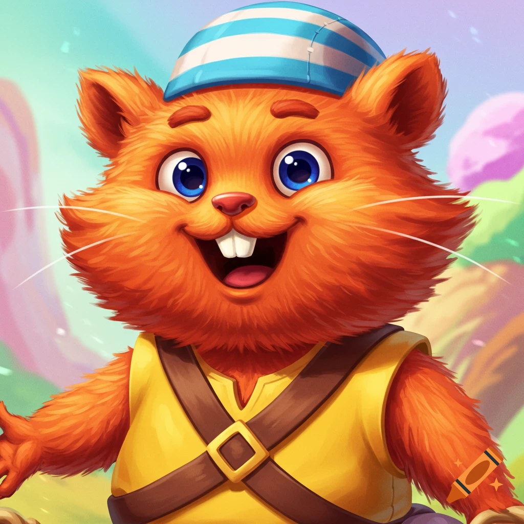 An orange fuzzy cartoon character with big blue eyes, yellow shirt, and striped hat smiles.