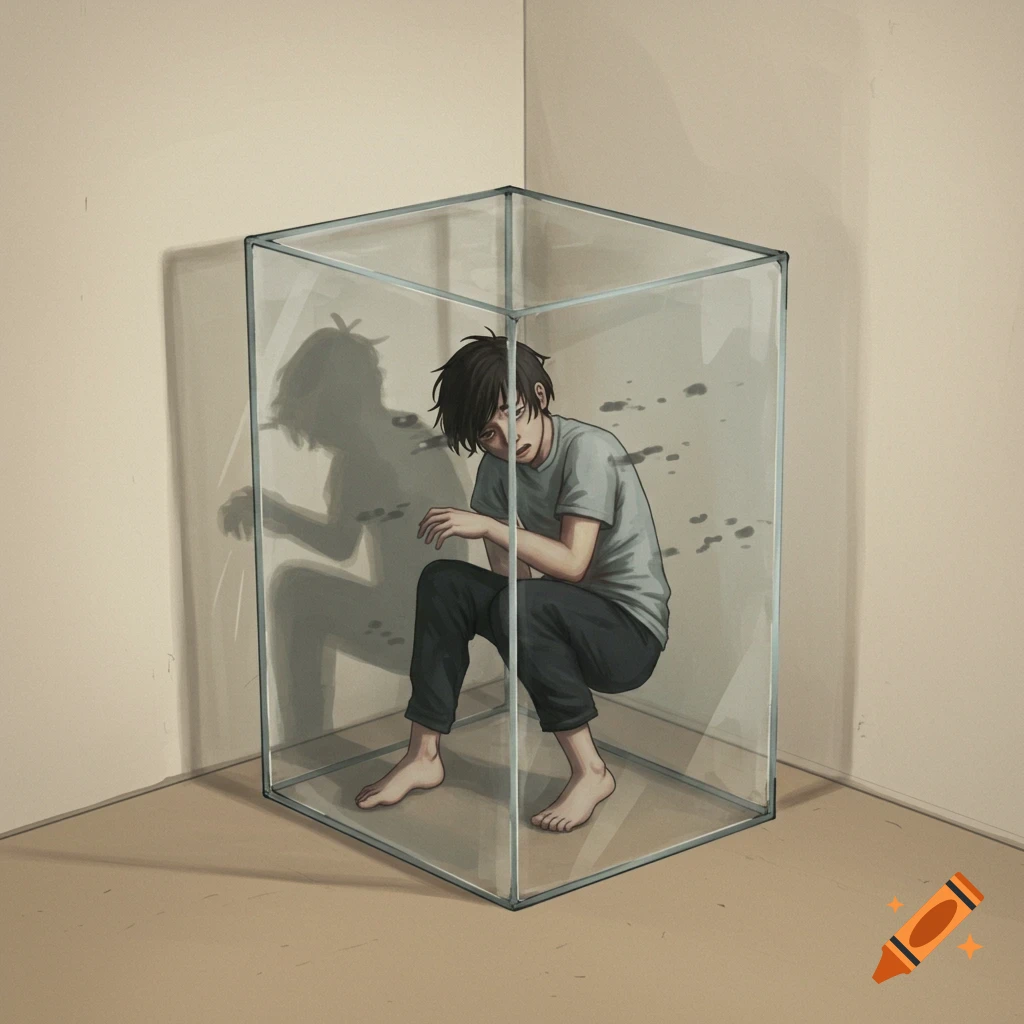 A person is trapped in a glass box while their shadow outside appears to escape.