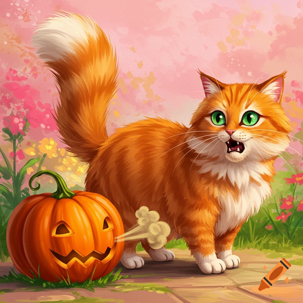 An orange cartoon cat reacts in surprise next to a carved Halloween pumpkin puffing smoke.