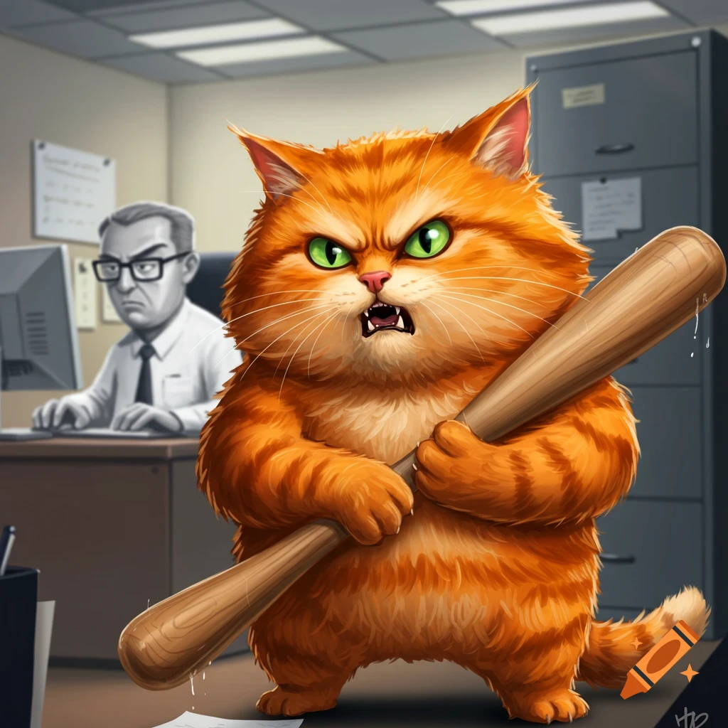 An orange cat with green eyes holds a baseball bat menacingly in an office, while a man works at a desk in the background.