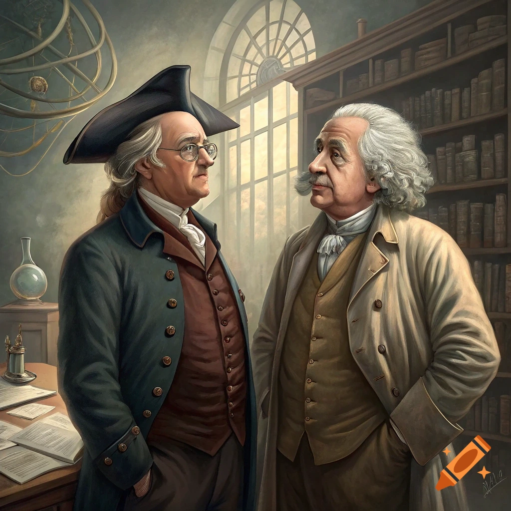 Benjamin Franklin and Albert Einstein stand talking in a room with a globe and a bookshelf, depicted in a painted style.